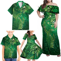 Matariki New Zealand Maori Silver Fern Family Matching Off Shoulder Maxi Dress and Hawaiian Shirt Galaxy Green Sky Style