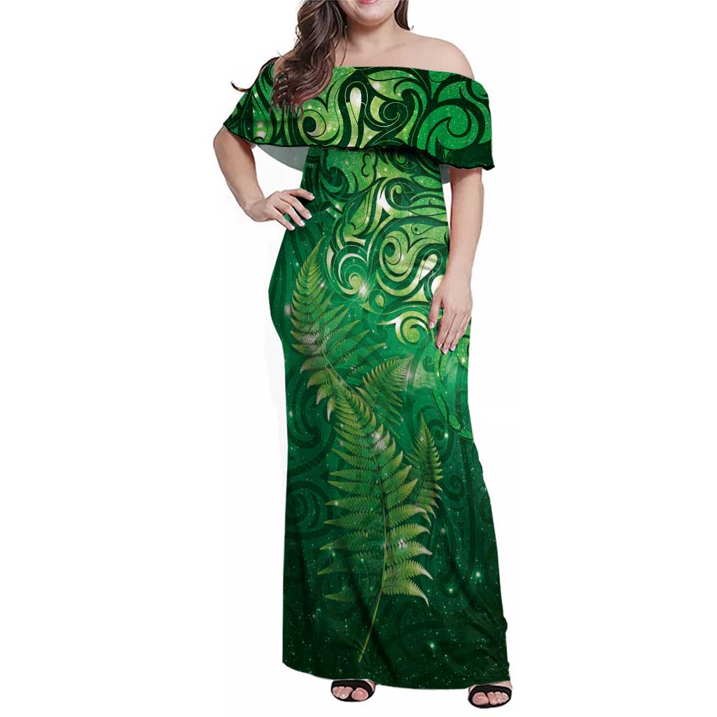 Matariki New Zealand Maori Silver Fern Family Matching Off Shoulder Maxi Dress and Hawaiian Shirt Galaxy Green Sky Style