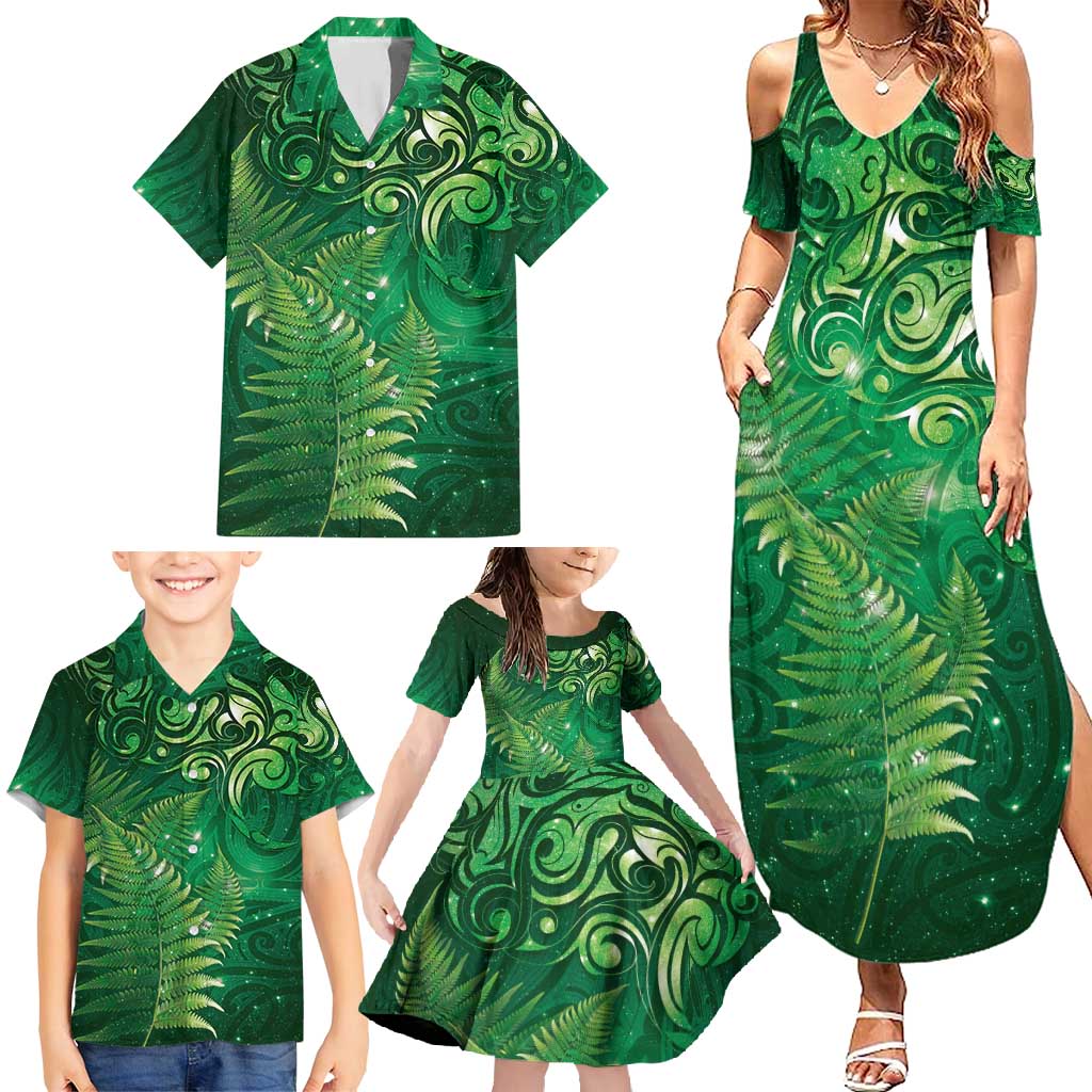Matariki New Zealand Maori Silver Fern Family Matching Summer Maxi Dress and Hawaiian Shirt Galaxy Green Sky Style