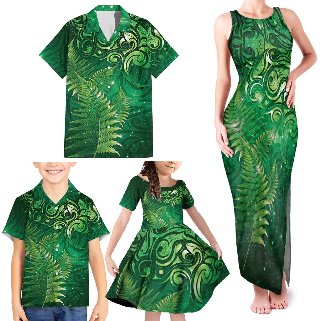 Matariki New Zealand Maori Silver Fern Family Matching Tank Maxi Dress and Hawaiian Shirt Galaxy Green Sky Style
