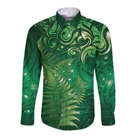 Matariki New Zealand Maori Silver Fern Long Sleeve Button Shirt Galaxy Green Sky Style