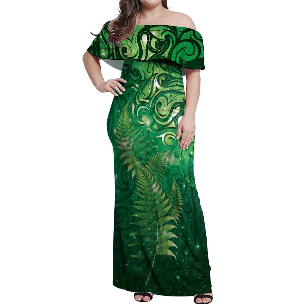 Matariki New Zealand Maori Silver Fern Off Shoulder Maxi Dress Galaxy Green Sky Style