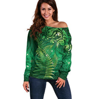 Matariki New Zealand Maori Silver Fern Off Shoulder Sweater Galaxy Green Sky Style