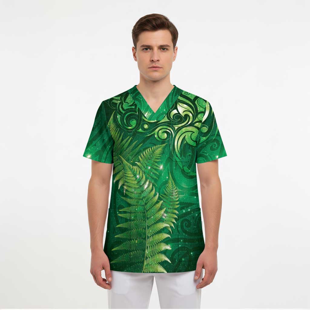 Matariki New Zealand Maori Silver Fern Scrub Top Galaxy Green Sky Style - Polynesian Pride