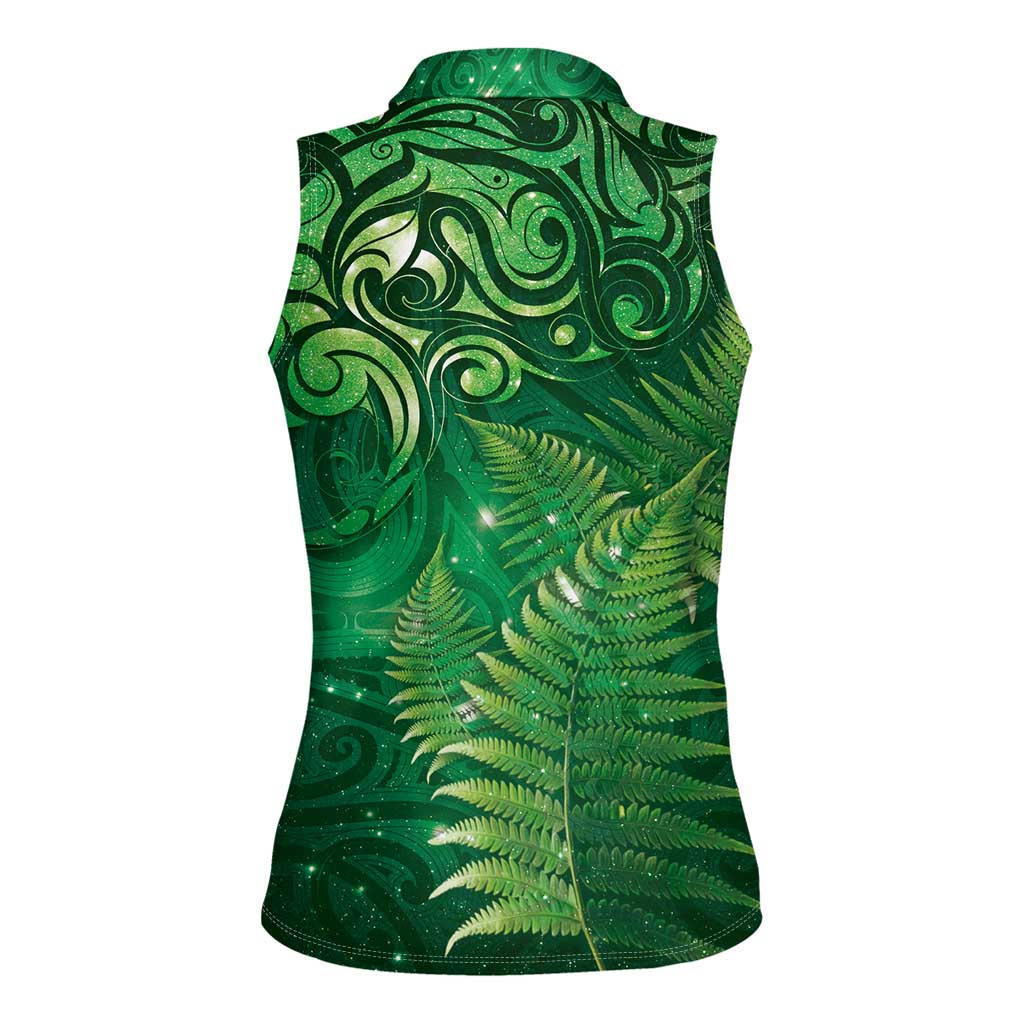 Matariki New Zealand Maori Silver Fern Women Sleeveless Polo Shirt Galaxy Green Sky Style
