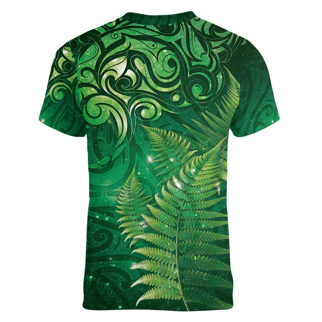 Matariki New Zealand Maori Silver Fern Women V-Neck T-Shirt Galaxy Green Sky Style