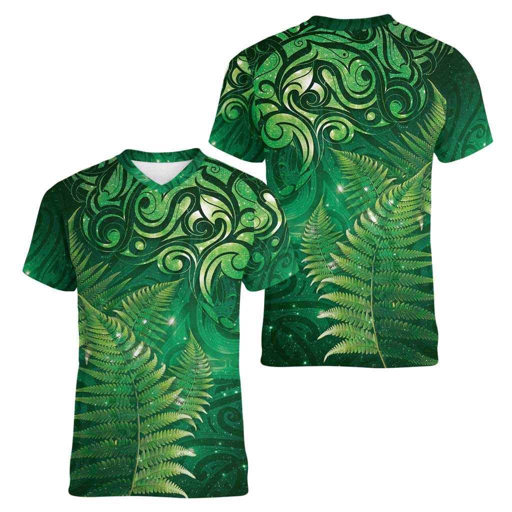 Matariki New Zealand Maori Silver Fern Women V-Neck T-Shirt Galaxy Green Sky Style