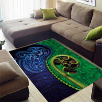 New Zealand Matariki Fern Frond Koru Area Rug with Galaxy Blue Sky and Green Paua Shell Art