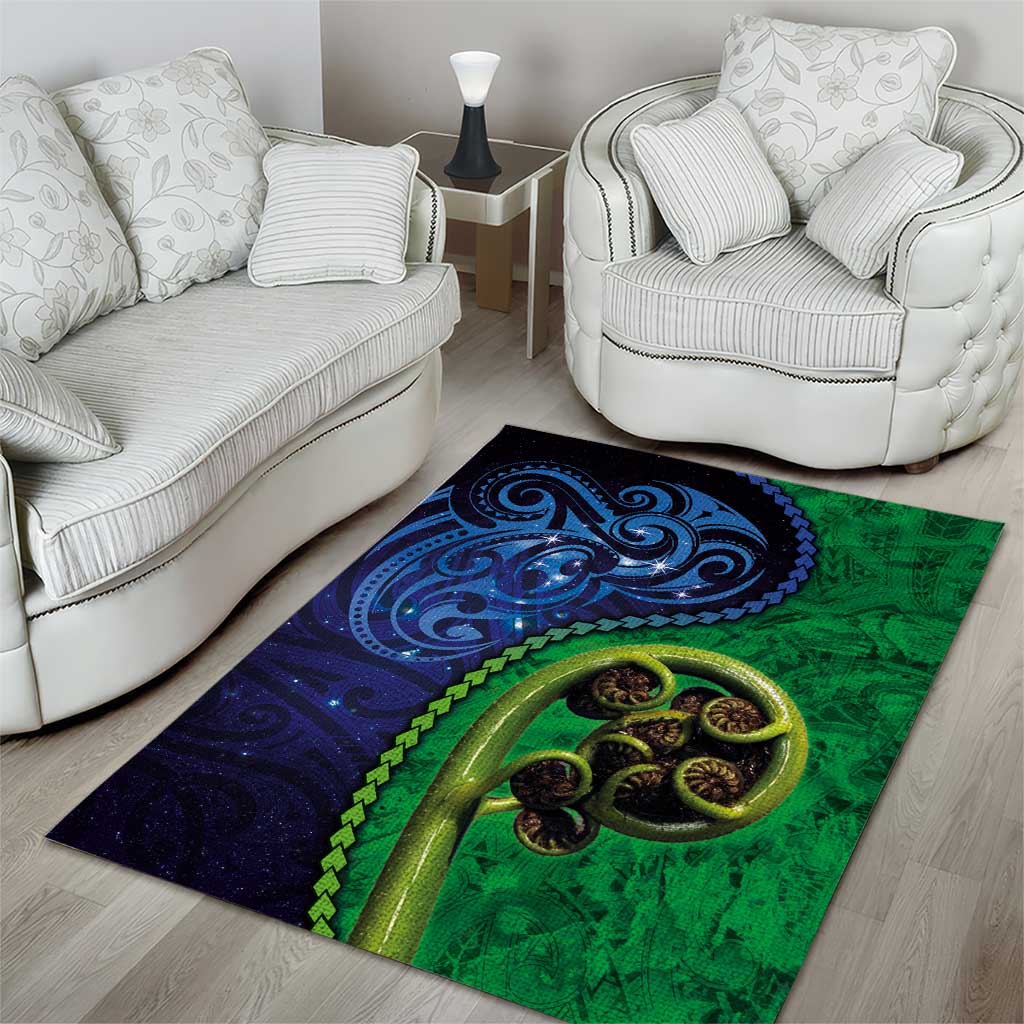 New Zealand Matariki Fern Frond Koru Area Rug with Galaxy Blue Sky and Green Paua Shell Art
