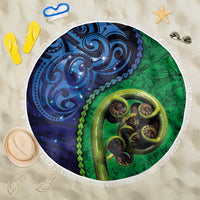 New Zealand Matariki Fern Frond Koru Beach Blanket with Galaxy Blue Sky and Green Paua Shell Art