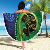 New Zealand Matariki Fern Frond Koru Beach Blanket with Galaxy Blue Sky and Green Paua Shell Art