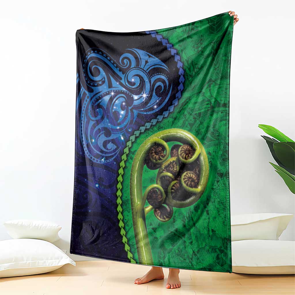 New Zealand Matariki Fern Frond Koru Blanket with Galaxy Blue Sky and Green Paua Shell Art