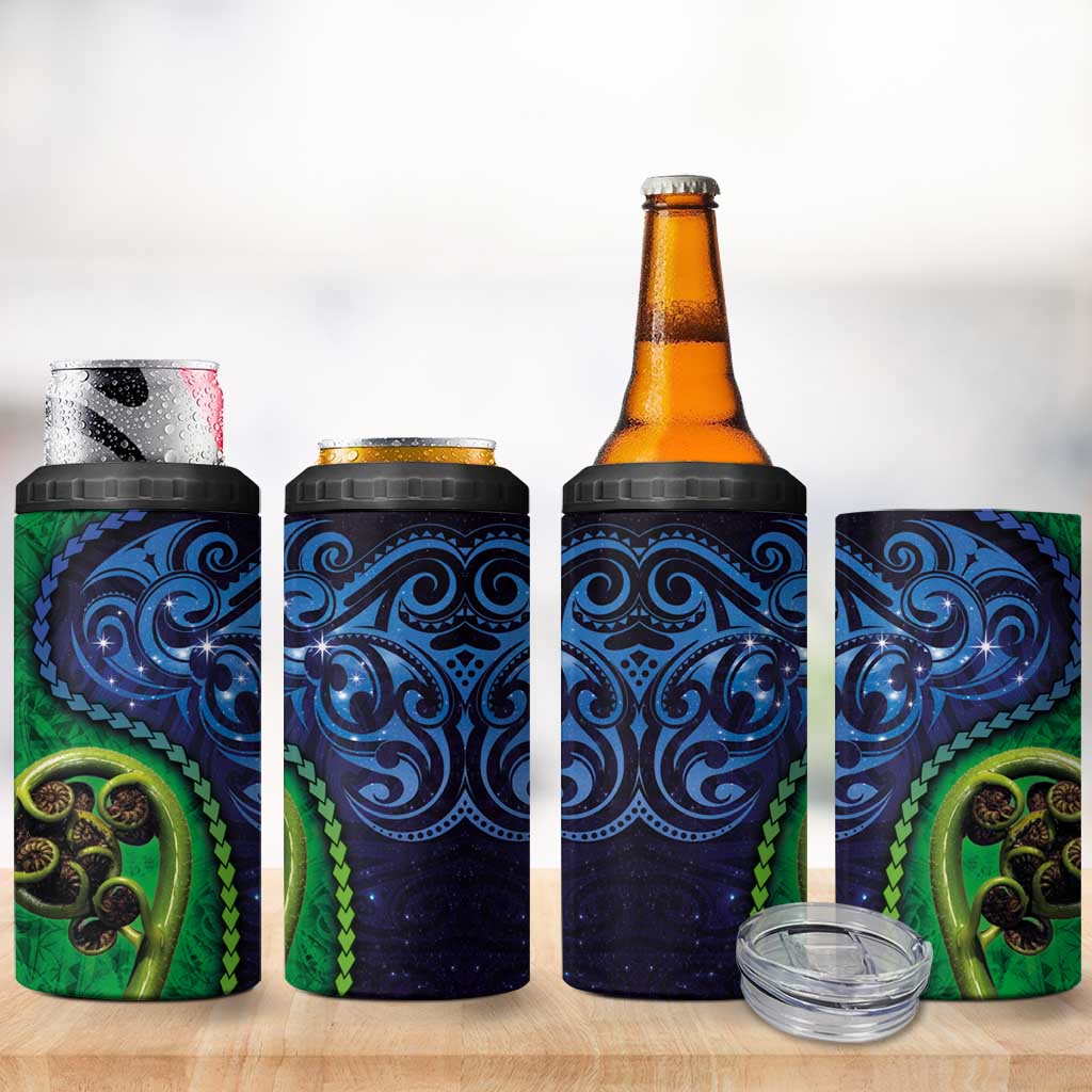 New Zealand Matariki Fern Frond Koru 4 in 1 Can Cooler Tumbler with Galaxy Blue Sky and Green Paua Shell Art