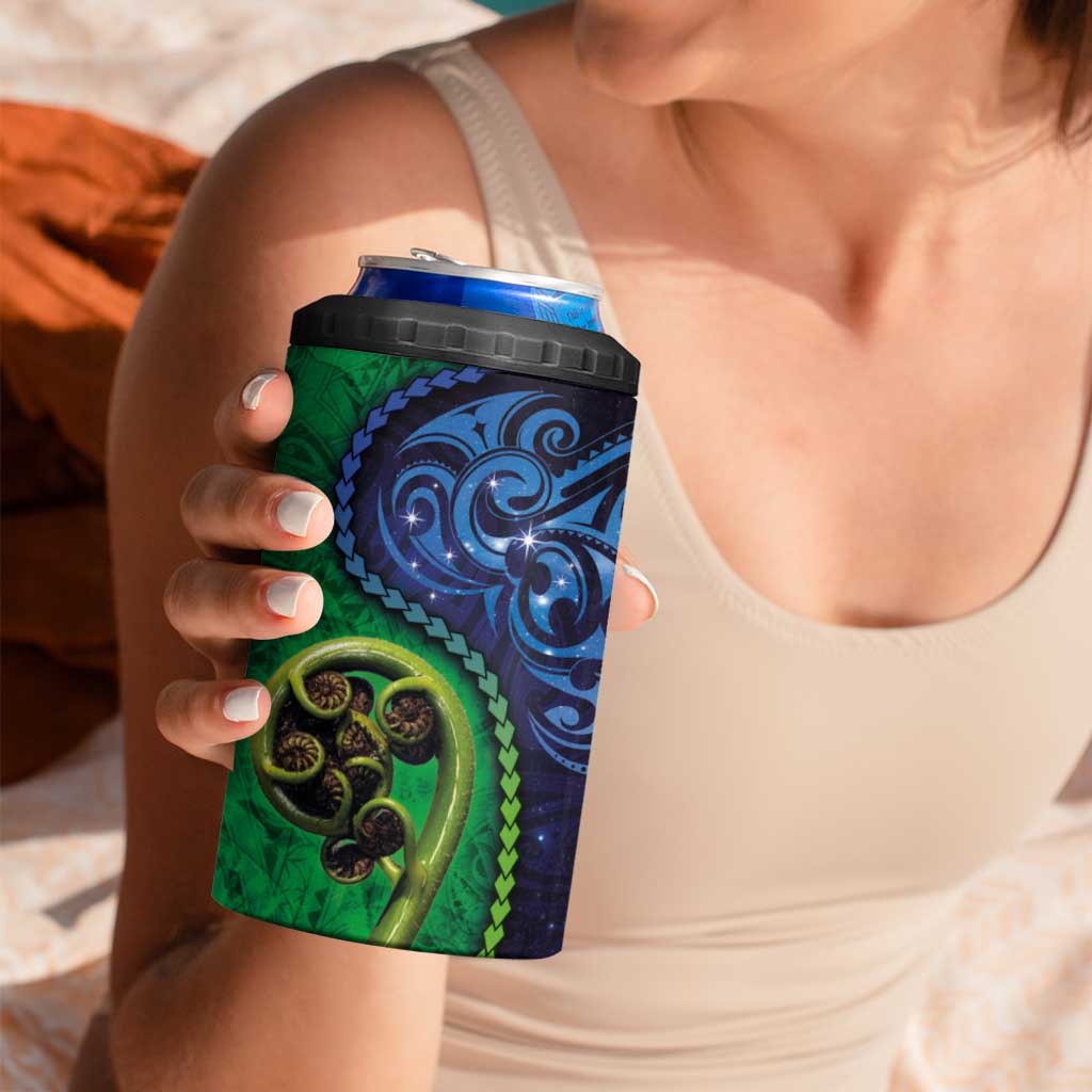 New Zealand Matariki Fern Frond Koru 4 in 1 Can Cooler Tumbler with Galaxy Blue Sky and Green Paua Shell Art