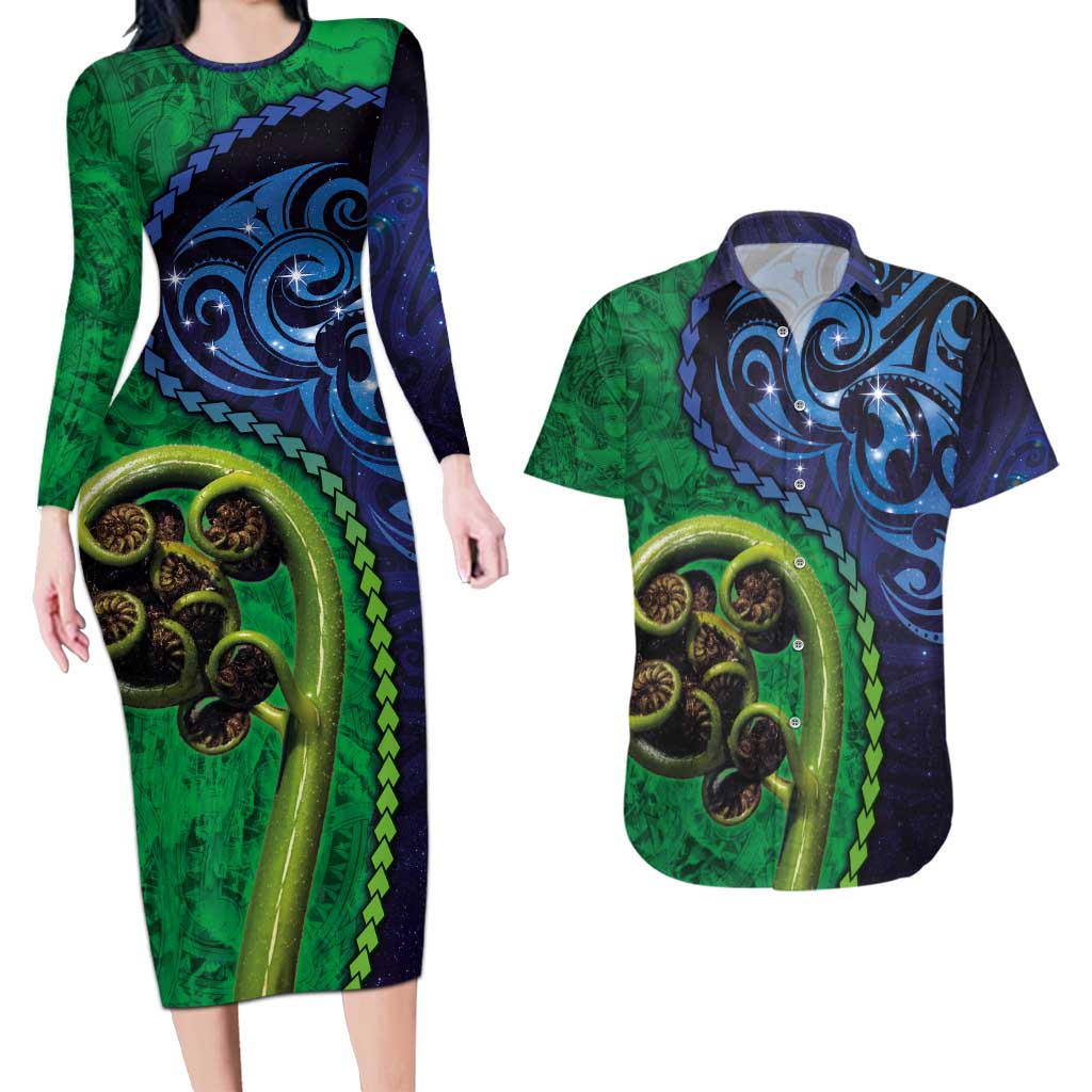 New Zealand Matariki Fern Frond Koru Couples Matching Long Sleeve Bodycon Dress and Hawaiian Shirt with Galaxy Blue Sky and Green Paua Shell Art