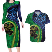 New Zealand Matariki Fern Frond Koru Couples Matching Long Sleeve Bodycon Dress and Hawaiian Shirt with Galaxy Blue Sky and Green Paua Shell Art