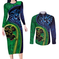 New Zealand Matariki Fern Frond Koru Couples Matching Long Sleeve Bodycon Dress and Long Sleeve Button Shirt with Galaxy Blue Sky and Green Paua Shell Art