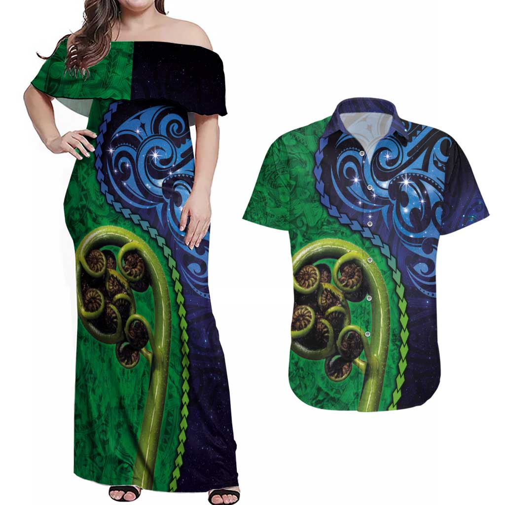 New Zealand Matariki Fern Frond Koru Couples Matching Off Shoulder Maxi Dress and Hawaiian Shirt with Galaxy Blue Sky and Green Paua Shell Art