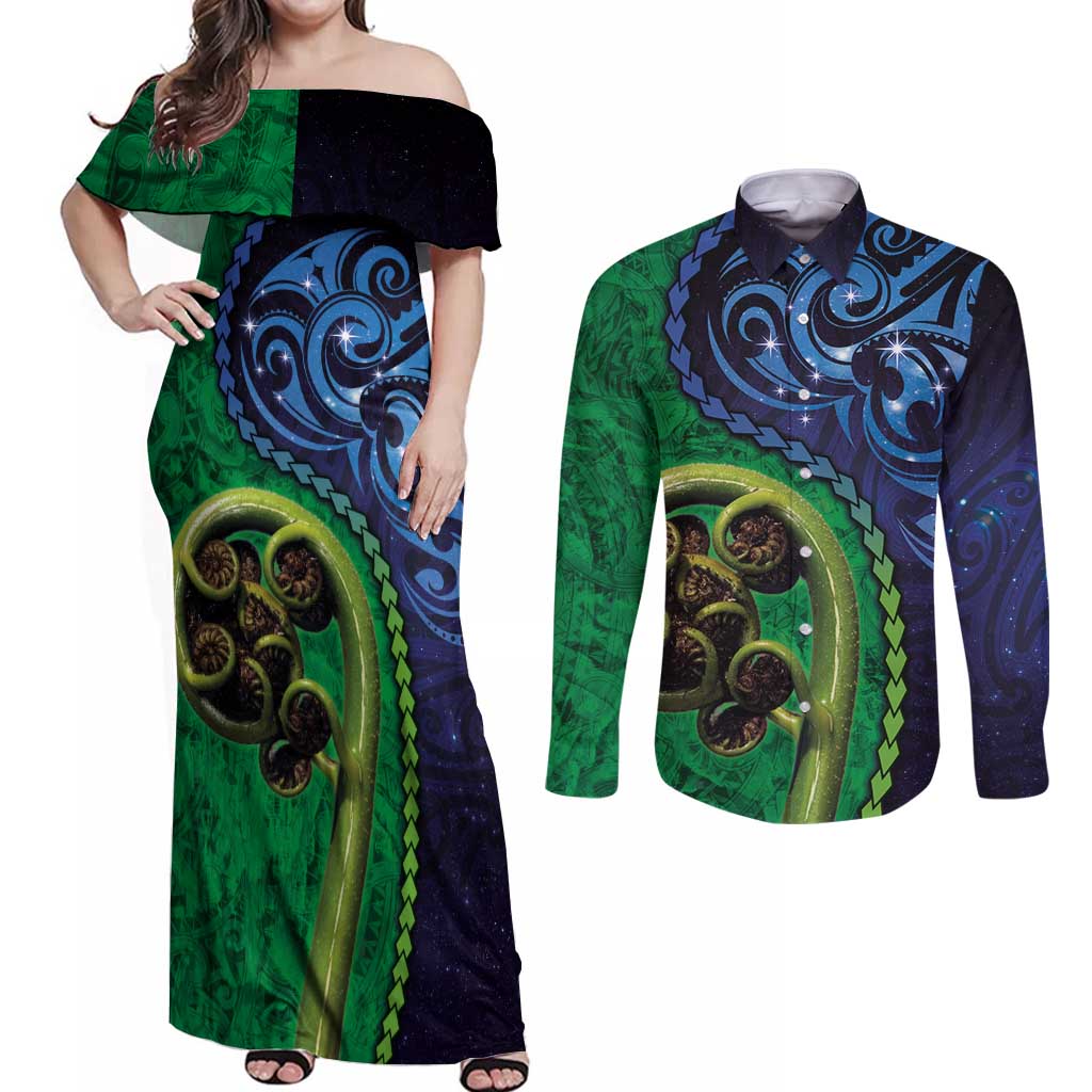 New Zealand Matariki Fern Frond Koru Couples Matching Off Shoulder Maxi Dress and Long Sleeve Button Shirt with Galaxy Blue Sky and Green Paua Shell Art