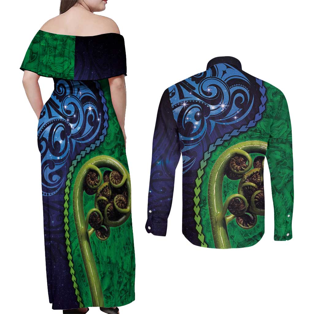 New Zealand Matariki Fern Frond Koru Couples Matching Off Shoulder Maxi Dress and Long Sleeve Button Shirt with Galaxy Blue Sky and Green Paua Shell Art