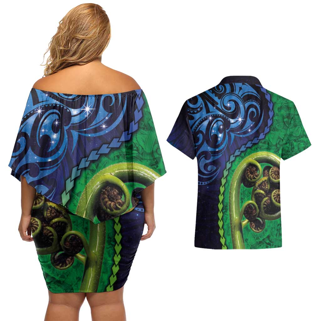 New Zealand Matariki Fern Frond Koru Couples Matching Off Shoulder Short Dress and Hawaiian Shirt with Galaxy Blue Sky and Green Paua Shell Art