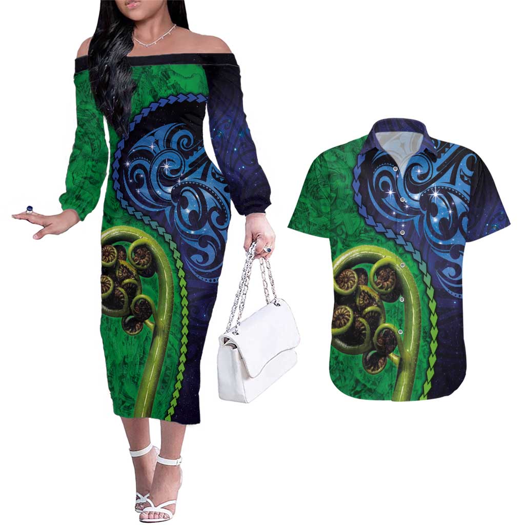 New Zealand Matariki Fern Frond Koru Couples Matching Off The Shoulder Long Sleeve Dress and Hawaiian Shirt with Galaxy Blue Sky and Green Paua Shell Art