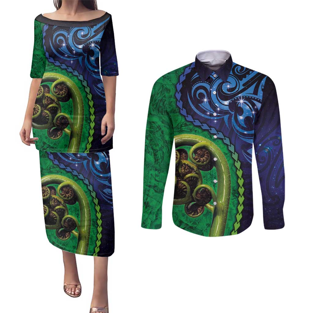 New Zealand Matariki Fern Frond Koru Couples Matching Puletasi and Long Sleeve Button Shirt with Galaxy Blue Sky and Green Paua Shell Art