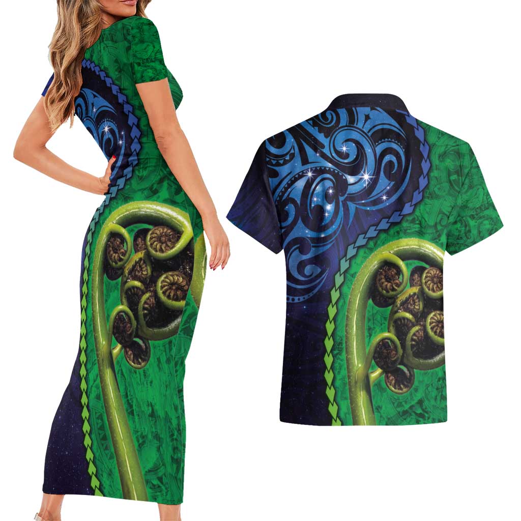 New Zealand Matariki Fern Frond Koru Couples Matching Short Sleeve Bodycon Dress and Hawaiian Shirt with Galaxy Blue Sky and Green Paua Shell Art