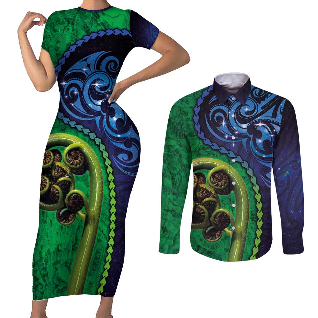 New Zealand Matariki Fern Frond Koru Couples Matching Short Sleeve Bodycon Dress and Long Sleeve Button Shirt with Galaxy Blue Sky and Green Paua Shell Art