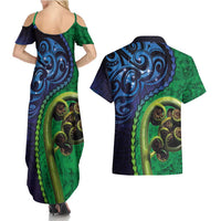 New Zealand Matariki Fern Frond Koru Couples Matching Summer Maxi Dress and Hawaiian Shirt with Galaxy Blue Sky and Green Paua Shell Art