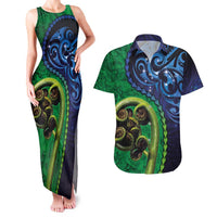 New Zealand Matariki Fern Frond Koru Couples Matching Tank Maxi Dress and Hawaiian Shirt with Galaxy Blue Sky and Green Paua Shell Art