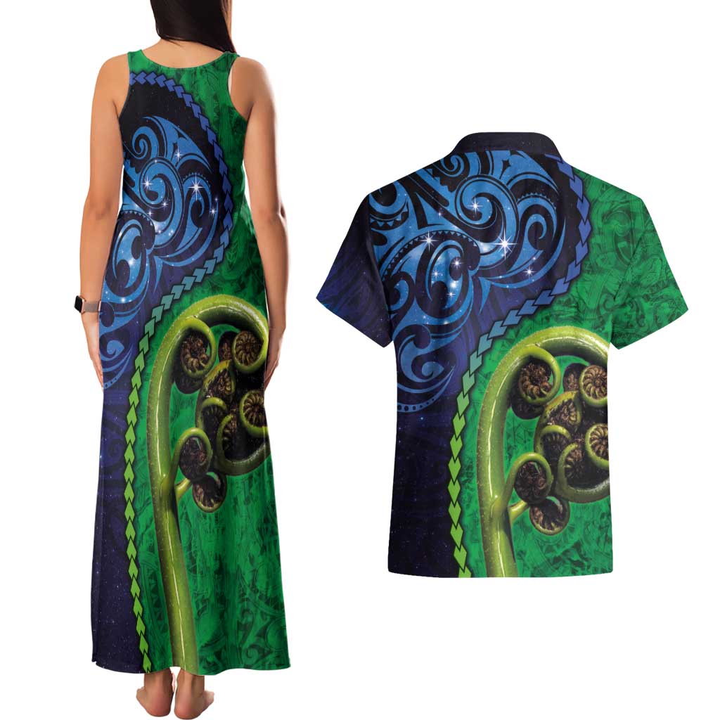 New Zealand Matariki Fern Frond Koru Couples Matching Tank Maxi Dress and Hawaiian Shirt with Galaxy Blue Sky and Green Paua Shell Art