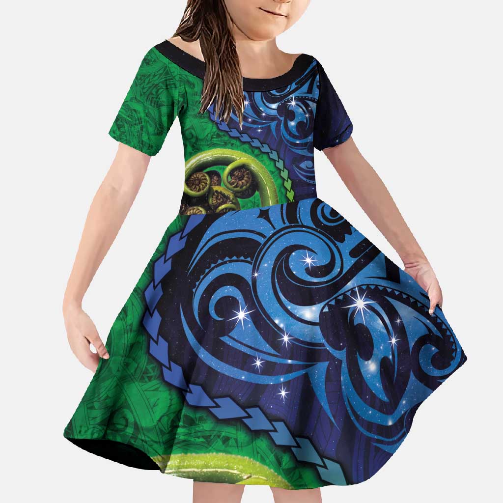 New Zealand Matariki Fern Frond Koru Family Matching Long Sleeve Bodycon Dress and Hawaiian Shirt with Galaxy Blue Sky and Green Paua Shell Art