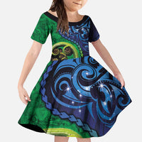 New Zealand Matariki Fern Frond Koru Family Matching Long Sleeve Bodycon Dress and Hawaiian Shirt with Galaxy Blue Sky and Green Paua Shell Art