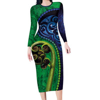 New Zealand Matariki Fern Frond Koru Family Matching Long Sleeve Bodycon Dress and Hawaiian Shirt with Galaxy Blue Sky and Green Paua Shell Art