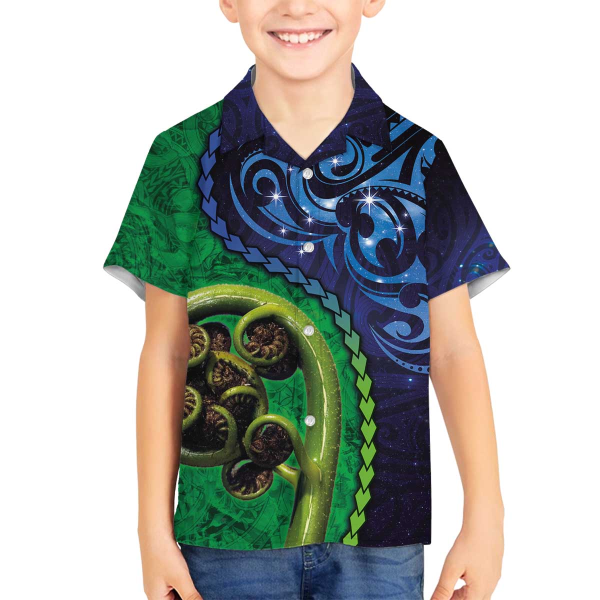 New Zealand Matariki Fern Frond Koru Family Matching Off The Shoulder Long Sleeve Dress and Hawaiian Shirt with Galaxy Blue Sky and Green Paua Shell Art