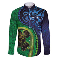 New Zealand Matariki Fern Frond Koru Family Matching Off Shoulder Maxi Dress and Hawaiian Shirt with Galaxy Blue Sky and Green Paua Shell Art