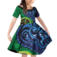 New Zealand Matariki Fern Frond Koru Family Matching Off Shoulder Short Dress and Hawaiian Shirt with Galaxy Blue Sky and Green Paua Shell Art