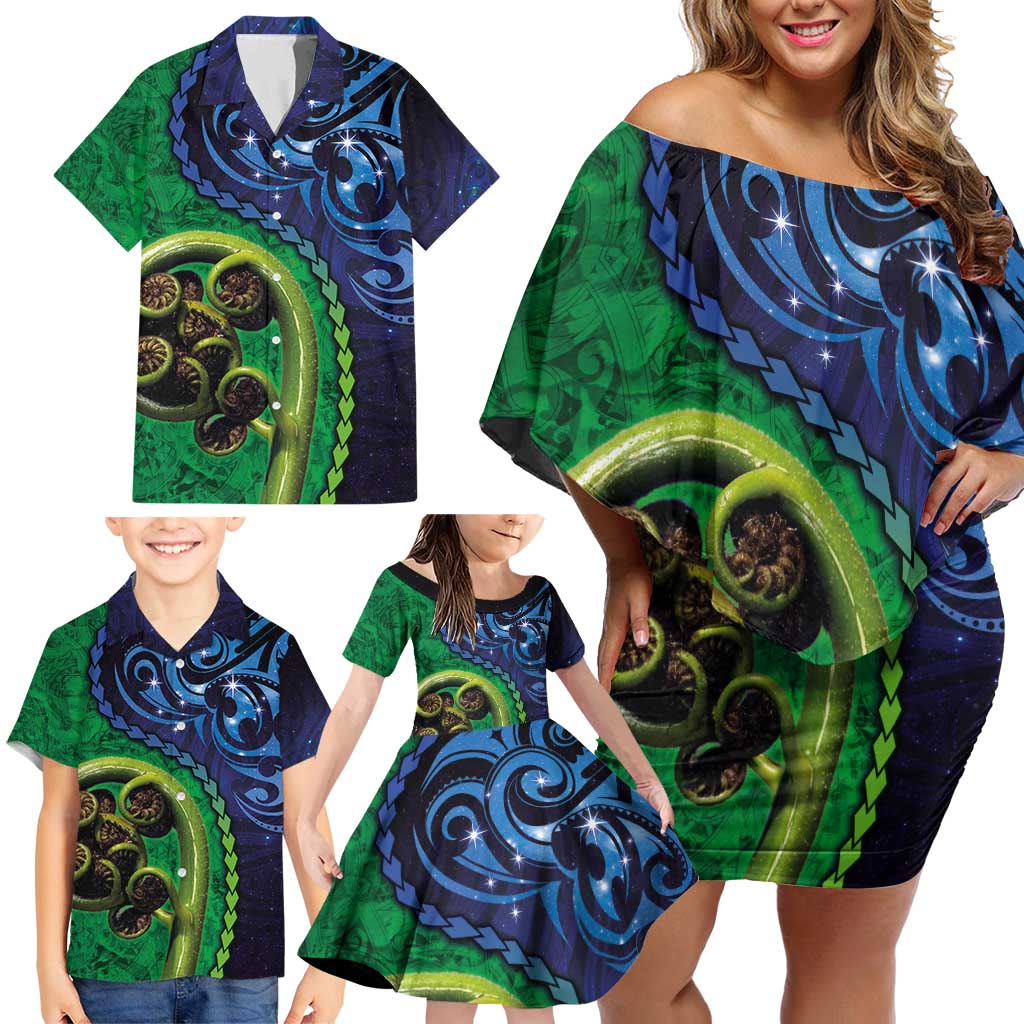 New Zealand Matariki Fern Frond Koru Family Matching Off Shoulder Short Dress and Hawaiian Shirt with Galaxy Blue Sky and Green Paua Shell Art
