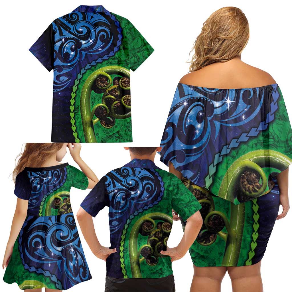 New Zealand Matariki Fern Frond Koru Family Matching Off Shoulder Short Dress and Hawaiian Shirt with Galaxy Blue Sky and Green Paua Shell Art