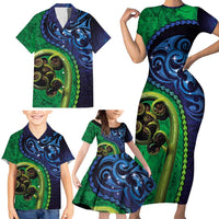 New Zealand Matariki Fern Frond Koru Family Matching Short Sleeve Bodycon Dress and Hawaiian Shirt with Galaxy Blue Sky and Green Paua Shell Art