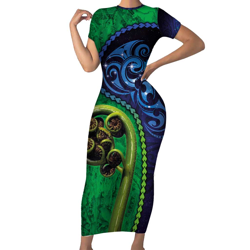 New Zealand Matariki Fern Frond Koru Family Matching Short Sleeve Bodycon Dress and Hawaiian Shirt with Galaxy Blue Sky and Green Paua Shell Art