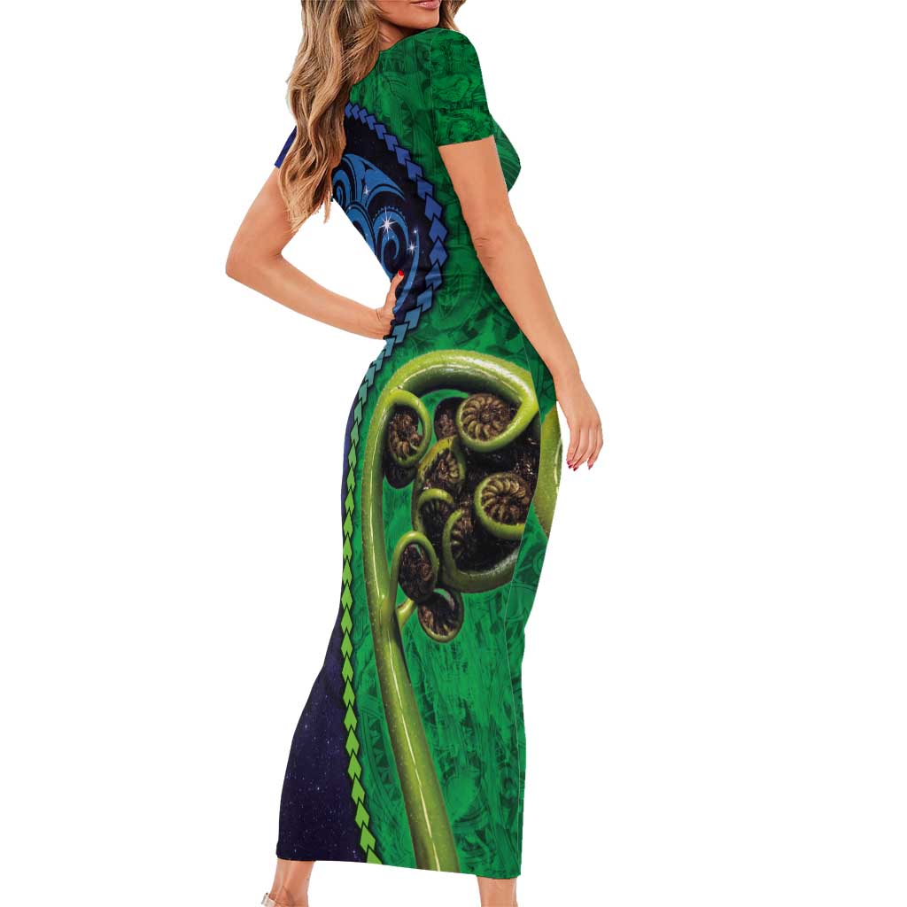 New Zealand Matariki Fern Frond Koru Family Matching Short Sleeve Bodycon Dress and Hawaiian Shirt with Galaxy Blue Sky and Green Paua Shell Art