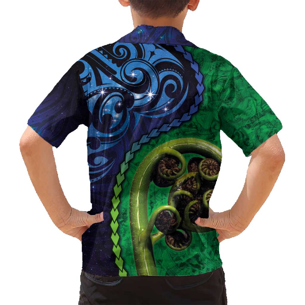 New Zealand Matariki Fern Frond Koru Family Matching Summer Maxi Dress and Hawaiian Shirt with Galaxy Blue Sky and Green Paua Shell Art