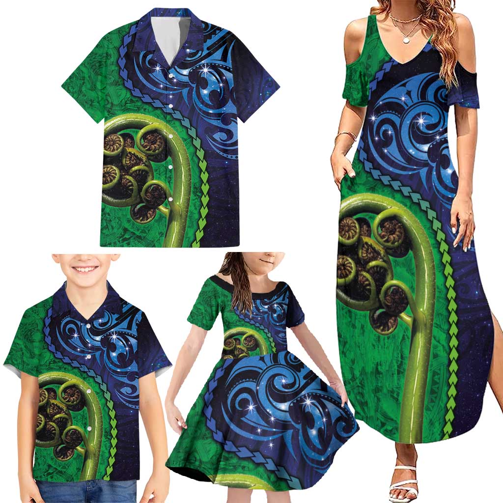 New Zealand Matariki Fern Frond Koru Family Matching Summer Maxi Dress and Hawaiian Shirt with Galaxy Blue Sky and Green Paua Shell Art