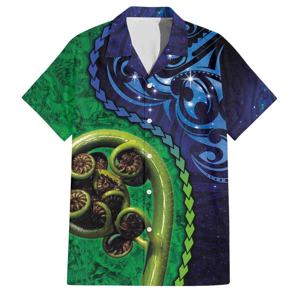 New Zealand Matariki Fern Frond Koru Family Matching Summer Maxi Dress and Hawaiian Shirt with Galaxy Blue Sky and Green Paua Shell Art