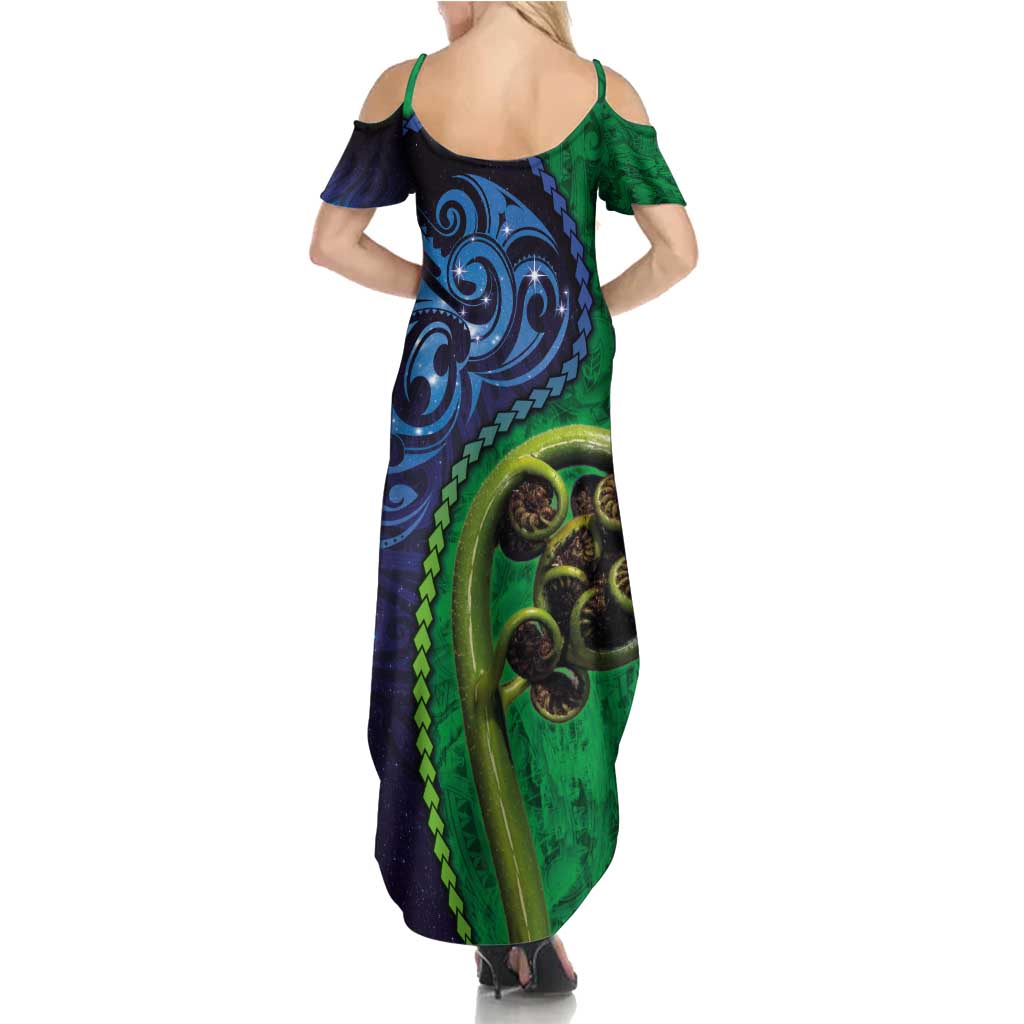 New Zealand Matariki Fern Frond Koru Family Matching Summer Maxi Dress and Hawaiian Shirt with Galaxy Blue Sky and Green Paua Shell Art
