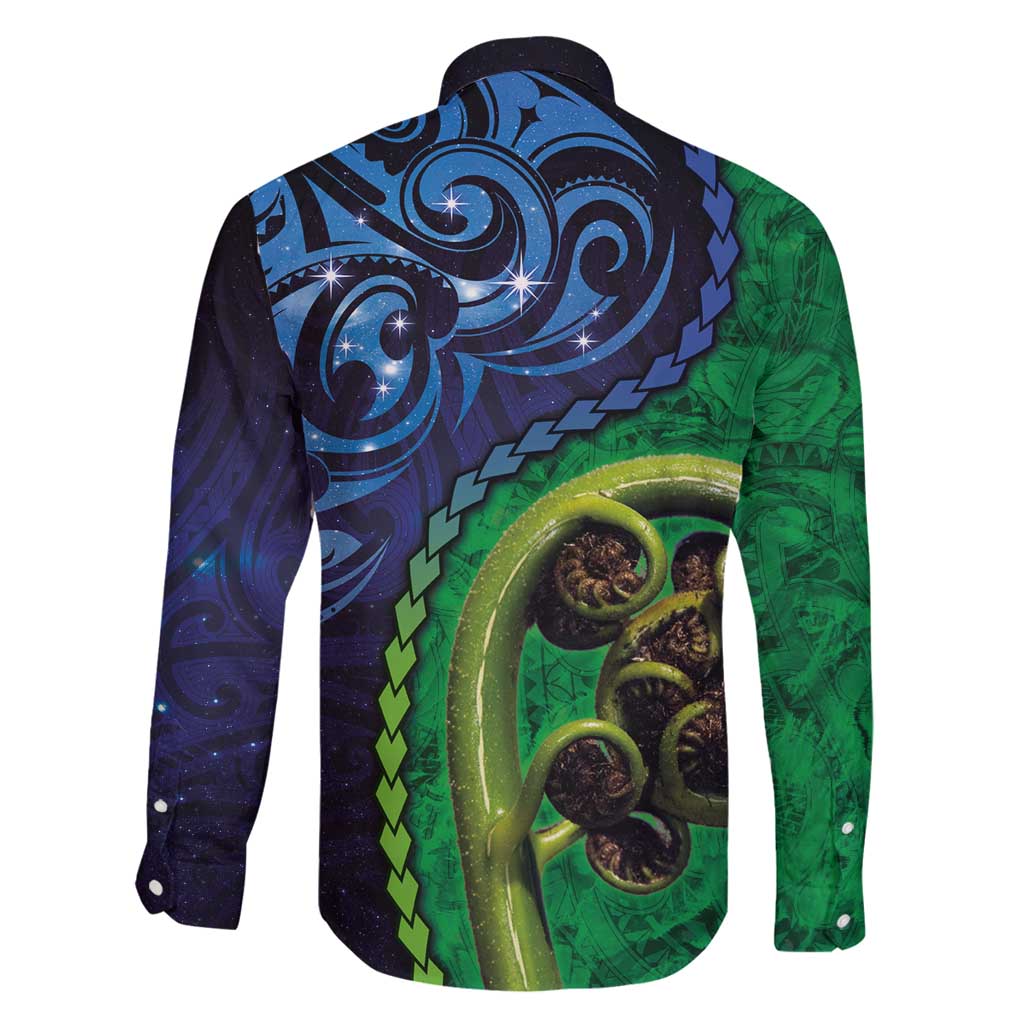 New Zealand Matariki Fern Frond Koru Family Matching Tank Maxi Dress and Hawaiian Shirt with Galaxy Blue Sky and Green Paua Shell Art