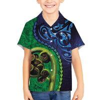 New Zealand Matariki Fern Frond Koru Family Matching Tank Maxi Dress and Hawaiian Shirt with Galaxy Blue Sky and Green Paua Shell Art