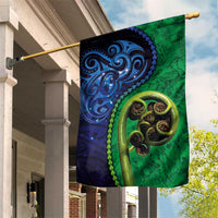 New Zealand Matariki Fern Frond Koru Garden Flag with Galaxy Blue Sky and Green Paua Shell Art
